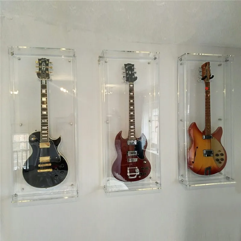 Wall mounted clear lockable perspex box acrylic guitar display cabinet