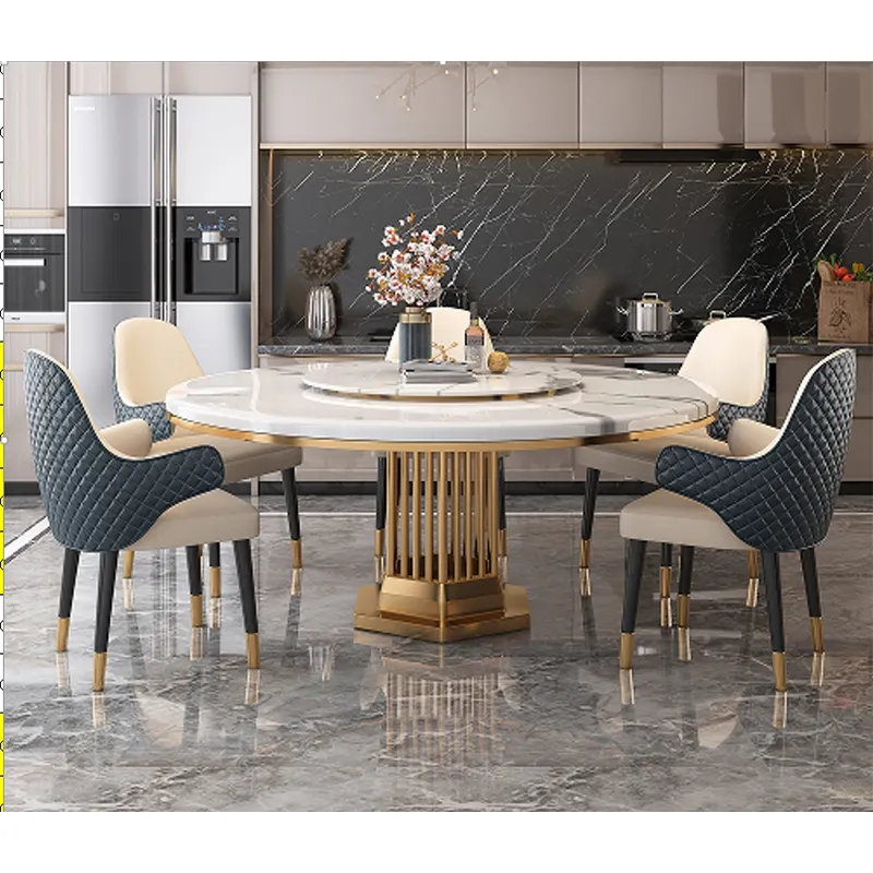 Mesa de comedor de mármol, mesa redonda de lujo con luz para el hogar simple moderna con placa giratoria, mesa redonda giratoria