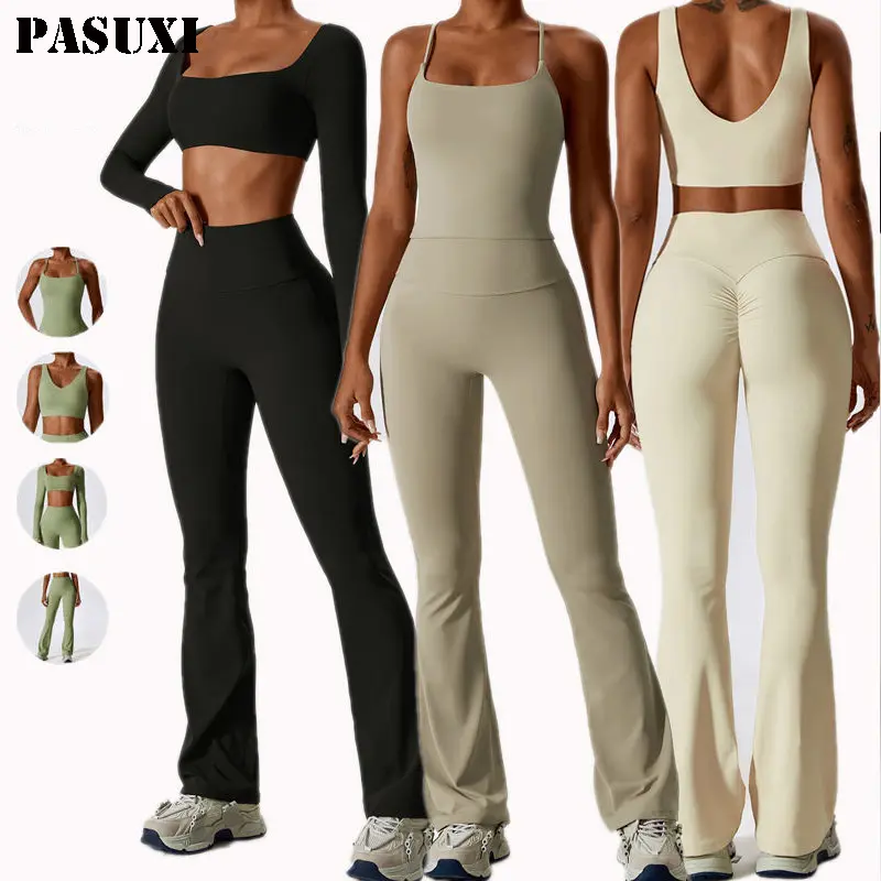 PASUXI all'ingrosso donne sport palestra indossare allenamento Set collant Crop Top 2 pezzi senza soluzione di continuità manica lunga Fitness Yoga Set