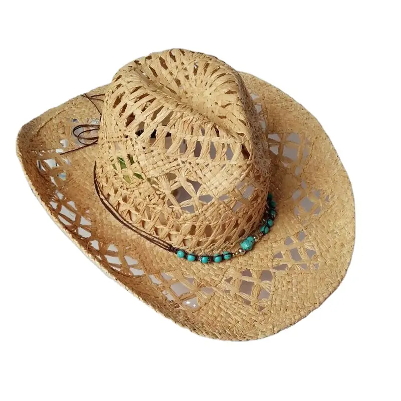 Cappello da Cowboy occidentale da esterno Floppy paglia turchese con fiore di Malan stampato pieghevole visiera pieghevole cappello da sole con bordo grezzo intrecciato in rafia