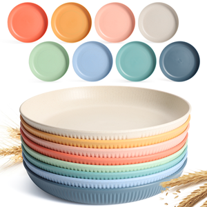Factory 8 Piece Biodegradable Wheat Straw Cutlery Round Plastic Unbreakable Dinner Plates for Party <strong>Colorful</strong> Wheat Plate <strong>Set</strong>