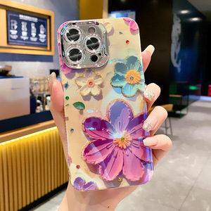 Neue Luxus Blu-ray Strass Blume Handy hülle für Iphone 15 14 13 11 Pro Max Plating Glitter Linsen schutz Stoß feste Abdeckung