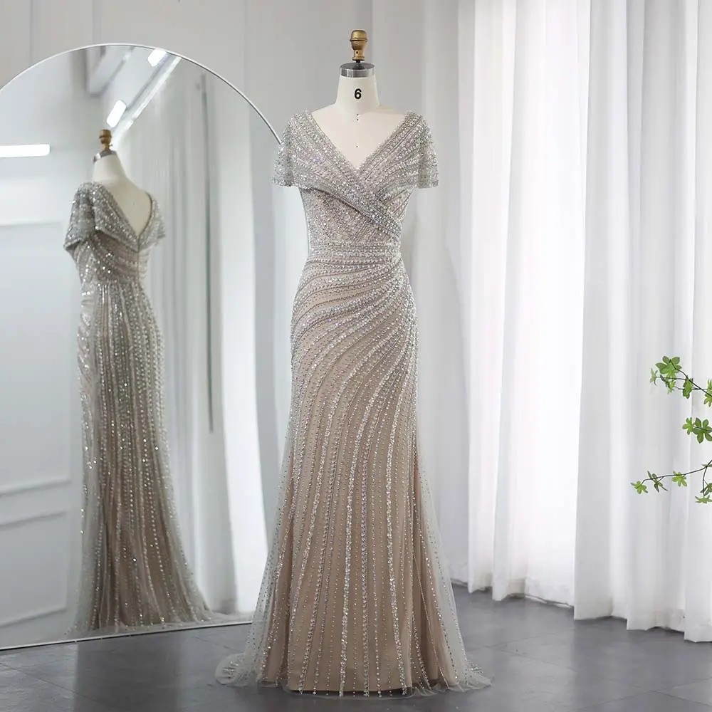 Lusso Dubai argento Nude sirena abiti da sera per le donne matrimonio eleganti maniche arabo formale abiti da festa Sz045