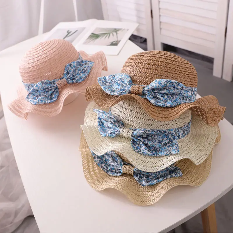 Korean Parent-child Sun Hat Summer Beach Sunshade Ladies Big Wave Wide Brim Printed Bowknot Ribbon Straw Hats for Women Kids