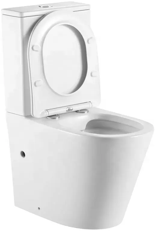 Toilette deux pièces sans rebord en céramique de couleur blanche moderne avec raccord de chasse d'eau, housse de siège, articles sanitaires authentiques, toilettes pour salle de bain