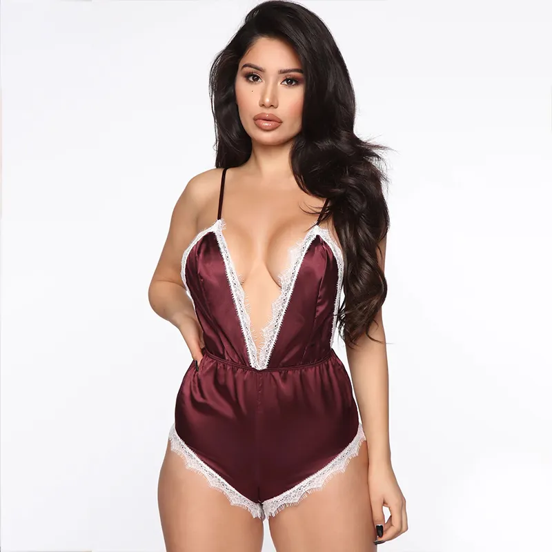 Sexy Sommer Body Pyjamas für Frauen Ärmel Siamesische Dessous Satin Sexy Frauen Einfarbig Tiefen V Dessous Teddy Baby puppe