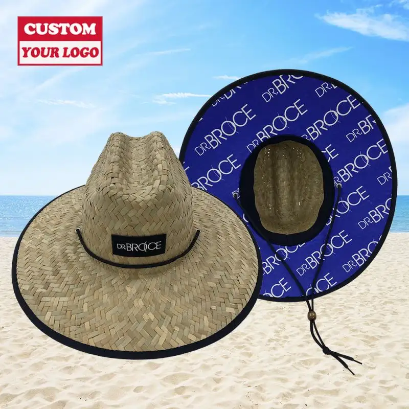 Alta calidad hombres Playa Sol proteger hierba Natural salvavidas personalizado impreso mujer sombreros decorar sombrero de cubo de paja