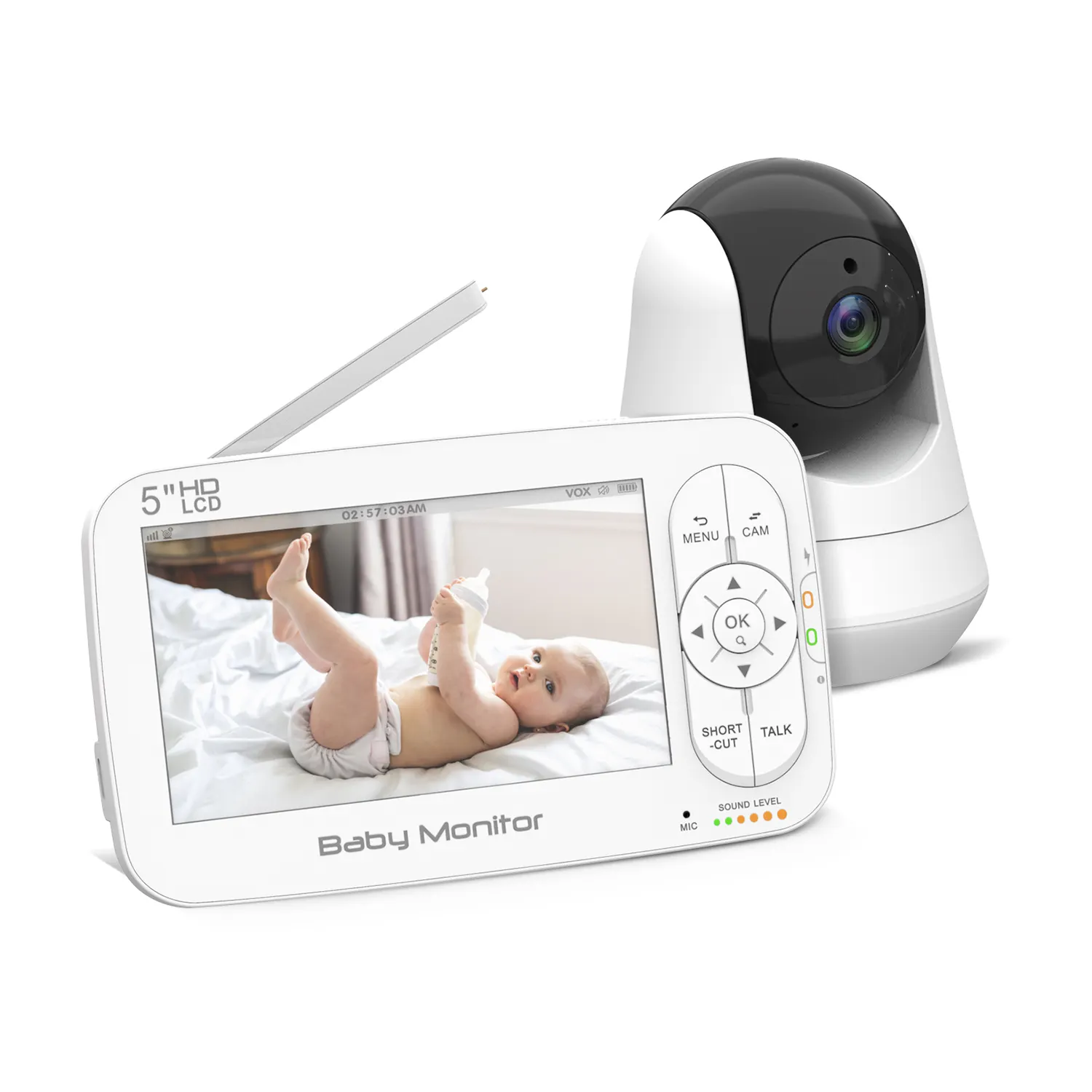 Visión nocturna clara Detección de temperatura de sonido Cámara de bebé de video digital expandible inalámbrica con monitor de mano de 5 pulgadas