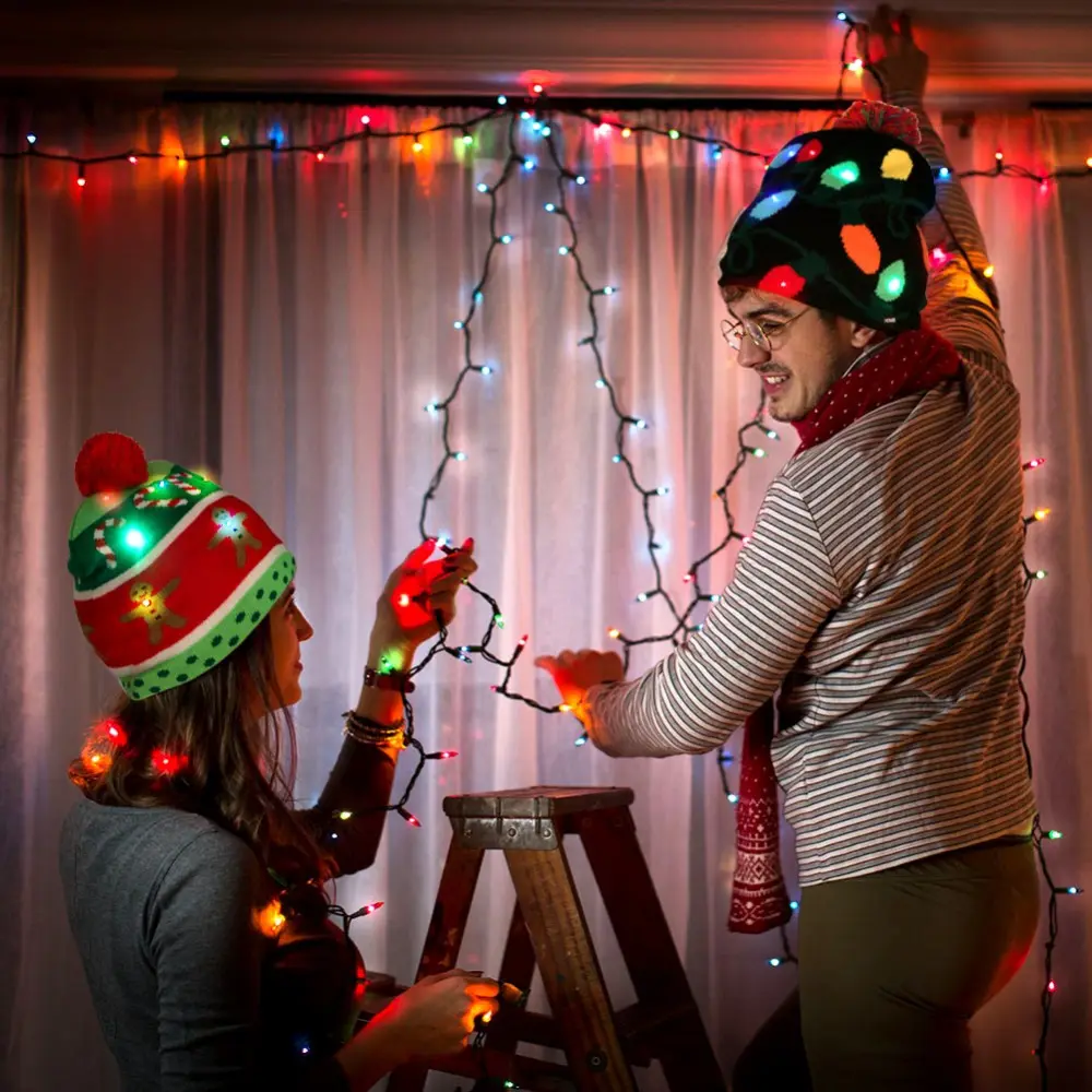 2022 malha iluminar chapéu quente com led piscando luzes elétricas para crianças adultos ano novo decoração do natal
