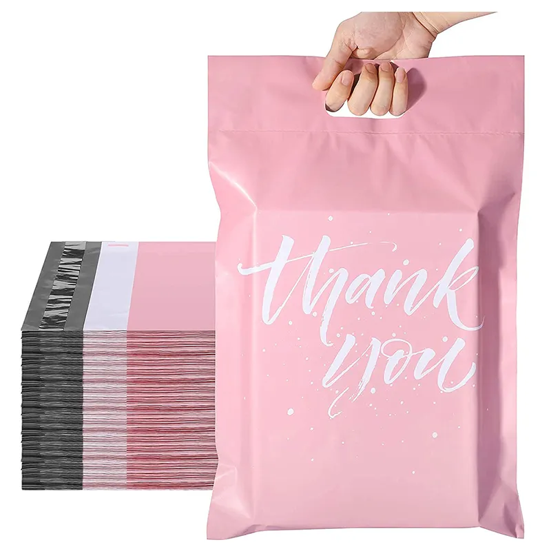 Customized Logo Thank You Pink Poly Mail Bag With Handle Plastic Polythene Mailing Clothing Shipping Packaging Bag