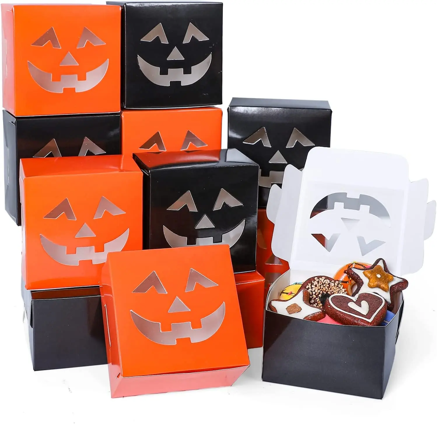 Handmade Baking Halloween điều trị hộp cam đen bí ngô mặt hình dạng cửa sổ thủ thuật hoặc điều trị các tông Giấy Bánh hộp 12 inch