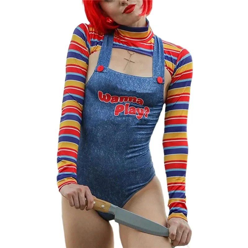 Body de personaje de película para mujer, conjunto de disfraz de muñeca Chucky, Disfraces de Halloween para mujer, muñeco asesino de pesadilla aterrador, 2023