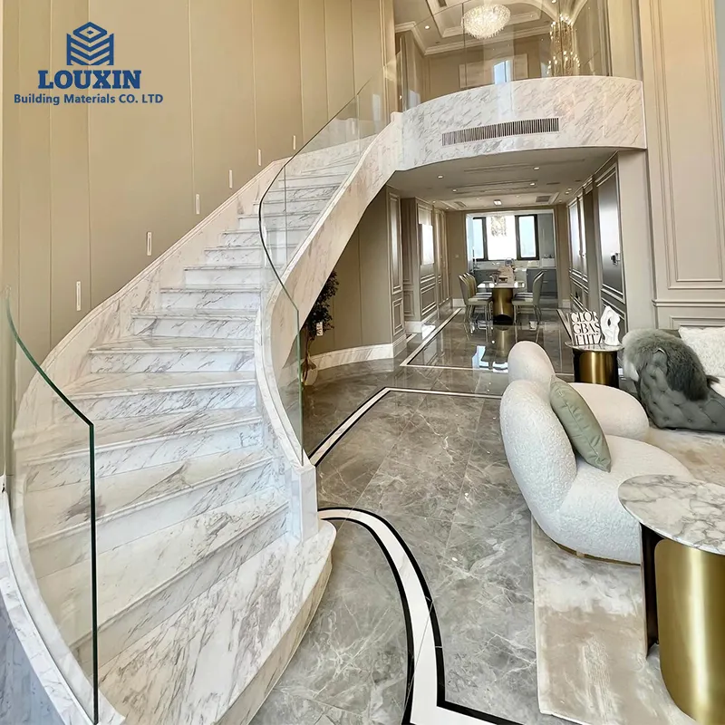 LX lujo personalizado Volakas diseño de mármol blanco escalera curva escalera con revestimiento de mármol