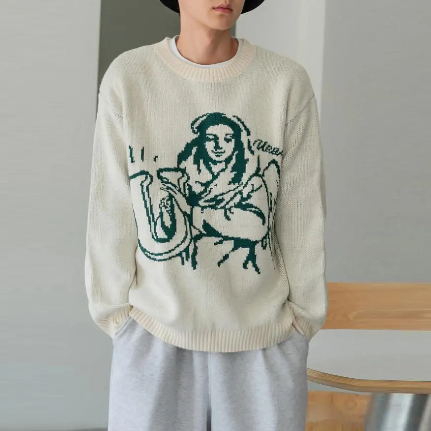 Holesale-suéter de algodón para hombre, suéter de cuello redondo con logotipo privado personalizado, con patrón de letras y hombros caídos