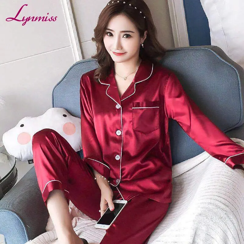 Lynmiss थोक सेक्सी सर्दियों लंबे साटन पार्टी Pijama Mujer के लिए Pijama डे Seda रेशम Pijama सेट