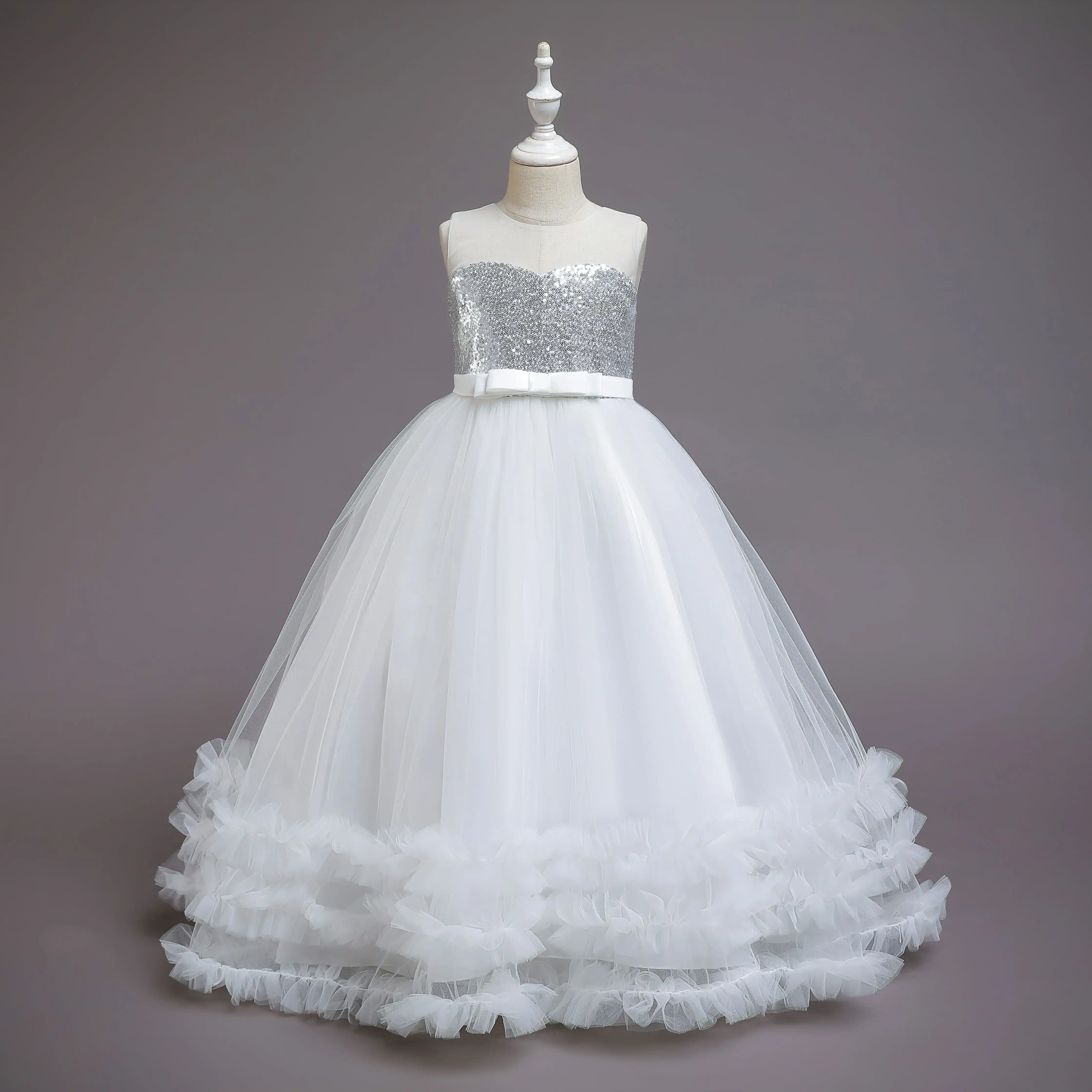 OA60days OEM ODM 2023 yüksek son beyaz pullu kız süslü elbise görüntüleri uzun rop tasarım 2-12 yıl kızlar elbiseler çocuk için