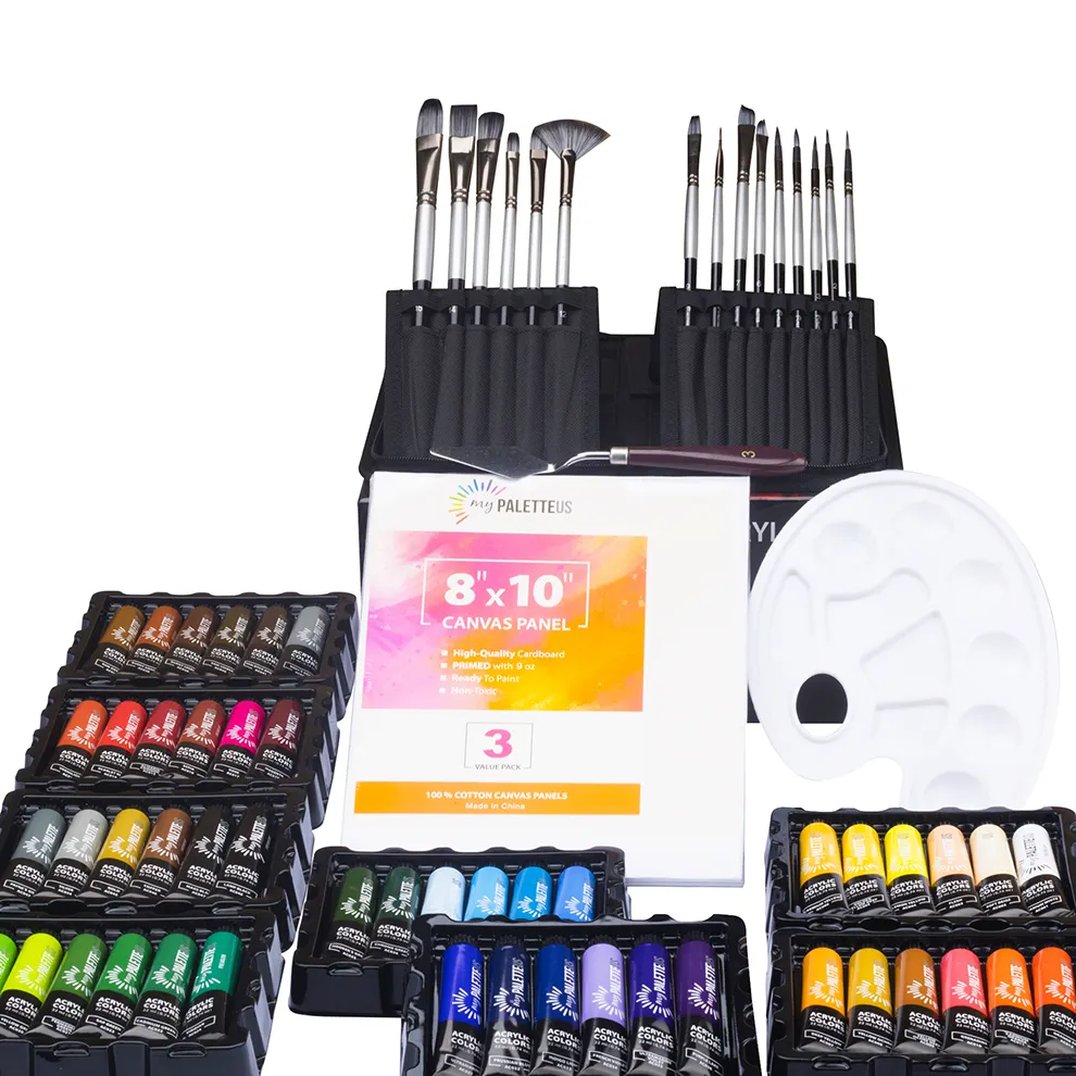 Juego de pintura acrílica para artista, caja de papel para colorear con 15 brochas, 3 lienzos, 1 paleta, 48 colores, 22 ml, gran oferta