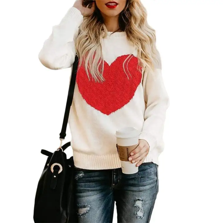 2022 Fall Winter Women Clothes Crew Neck Knitted Sweater Pullover Custom Loving Heart Ladies Long Sleeve Women's Sweater