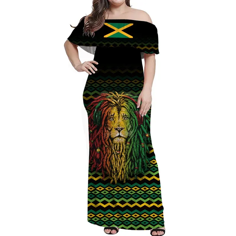 Jamaica fuera del hombro vestido largo único Rastafari León-Bandera Vibes bajo MOQ personalizar estampado mujeres vestidos de verano Casual Slim 2023