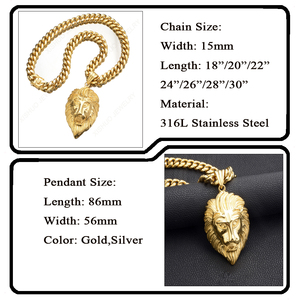 In Stock 316L Stainless Steel 18K Real Gold Plating Punk Big Lion Head Pendant Necklace Hiphop Trend Cuban <strong>Chain</strong> Men's Necklace