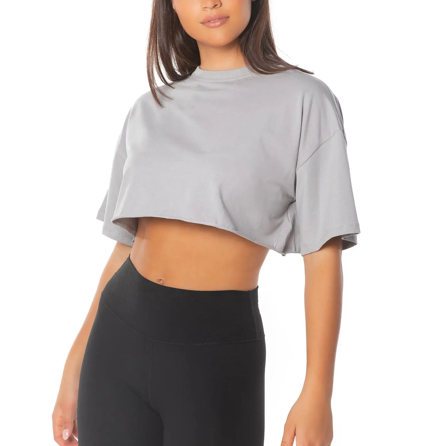Algodón Spandex mezcla señoras estiramiento camiseta Casual Streetwear de gran tamaño gimnasio deportes mujeres corto cuello redondo impreso de punto dulce
