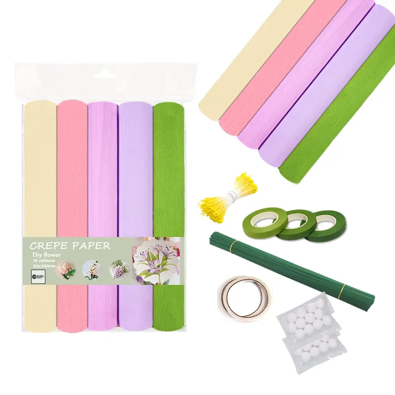 Kits de papel de crepe flores, faça você mesmo, fita verde floral, fio de ferro para festa de casamento, suprimentos para faça você mesmo