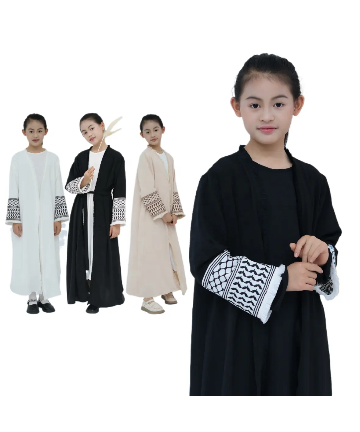 Abaya pour enfants Kaftan Palestinien kufiyah Cardigan brodé Vêtements islamiques Robe en crêpe très vendue pour petite fille C203