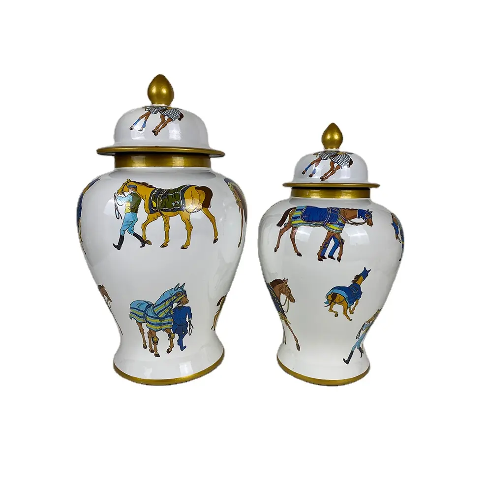 Vase à la maison décor intérieur luxueux pot de gingembre en céramique avec lit de cheval bouteilles de stockage en porcelaine pot de temple avec couvercle