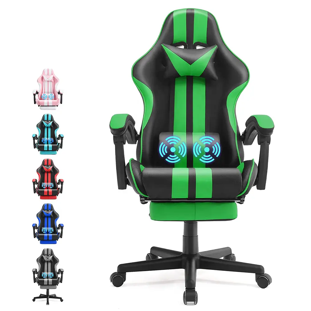 Silla lujosa de cuero de imitación con reposapiés para Gamer, sillón de ordenador de Video con masaje USB, cómoda, verde, la mejor oferta