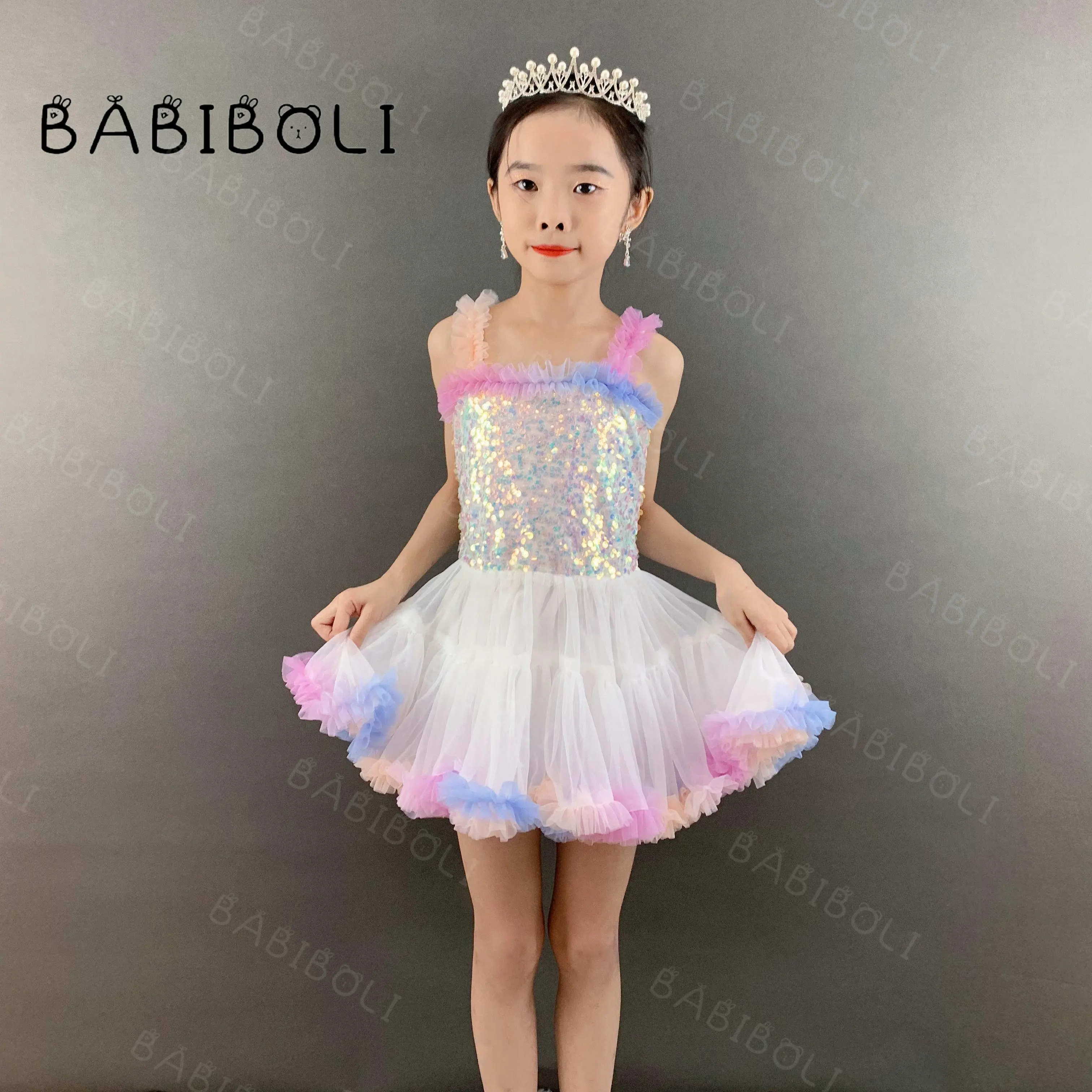 Babiboli bé công chúa ăn mặc bên váy dài sinh nhật đám cưới màu trắng và cầu vồng màu sắc cô gái trẻ em với không tay tuyệt đẹp Net gowns