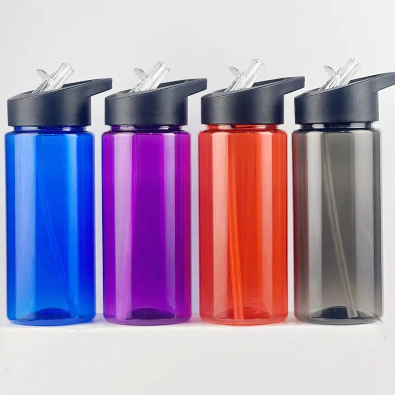 Großhandelspreis 500 ml Wasserflasche Sport auslaufsicher BPA-freies durchsichtiges PS-Material Kunststoff-Wasserflasche mit Klappdeckel und Strohhalm