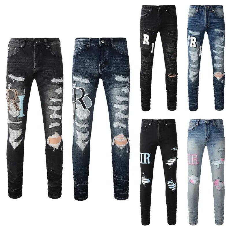 Primavera Verano 2024 diseño de tendencia nueva ropa de calle vintage jeans ajustados personalizados hombres apilados rasgados jeans slim fit hombres J