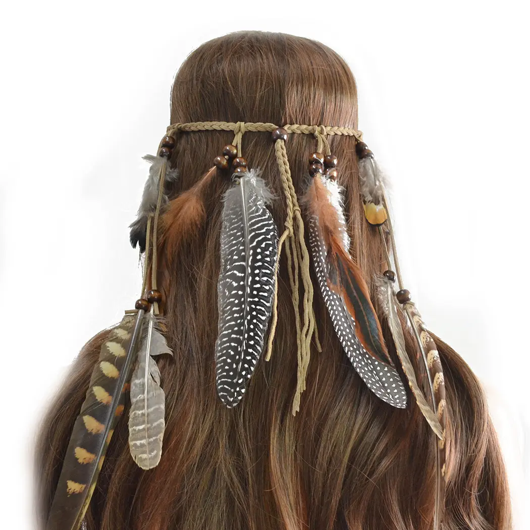 Diadema de plumas estilo indio Retro Para Y-W, tocado bohemio para carnaval, elegante vestido de fiesta hippie, banda para el pelo, diadema trenzada