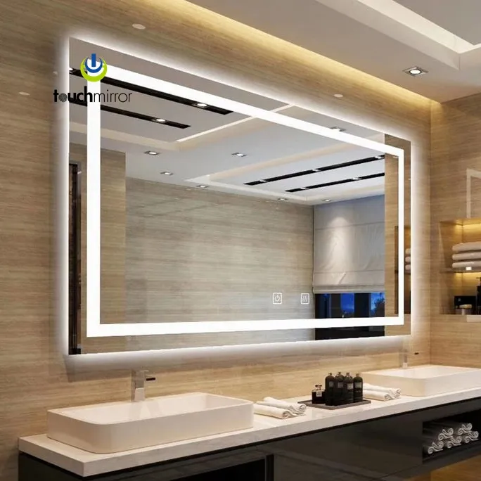 Espejo iluminado de pared sin marco pulido rectángulo grande espejos inteligentes de baño Led