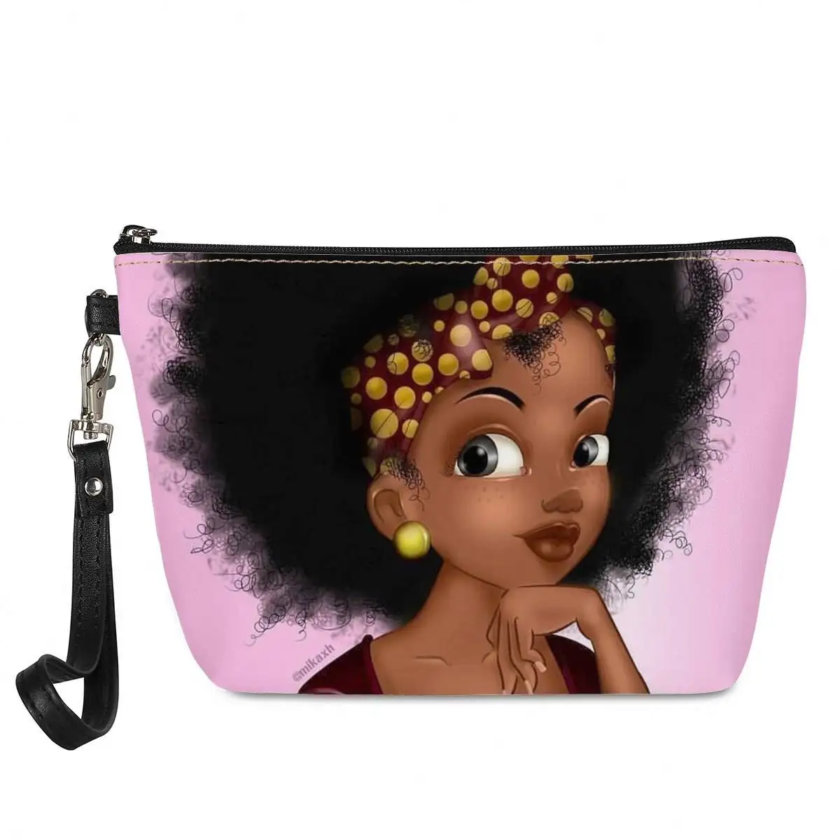 新しいパターンかわいいアフリカの女の子のプリント機能的なポータブル旅行化粧品バッグ女性のためのカスタムロゴハンドバッグミニメイクアップバッグ