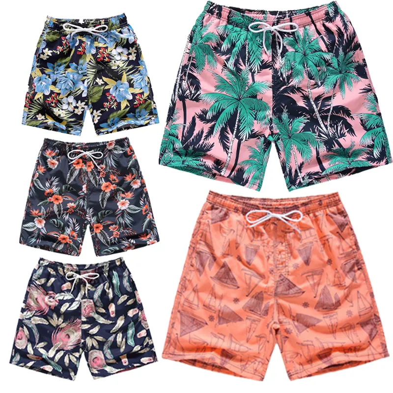 Troncos de natação com calças, suprimento de fábrica, roupa de praia casual para homens e mulheres, estampa tropical, shorts de praia, secagem rápida