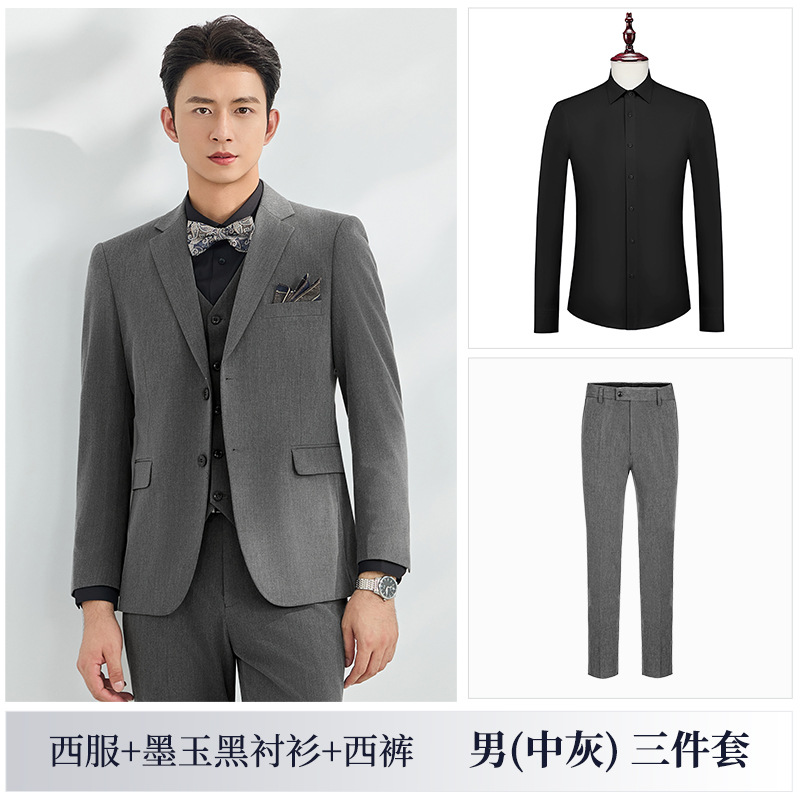 Medium gray suit, black shirt and trousers