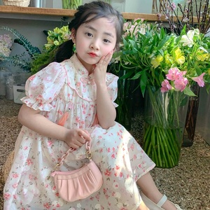 Girls' Summer Chiffon Cheongsam Dress with Stand Collar New Casual Chinese Style Small Floral Jacquard Short Sleeve for Children - Product Image 3