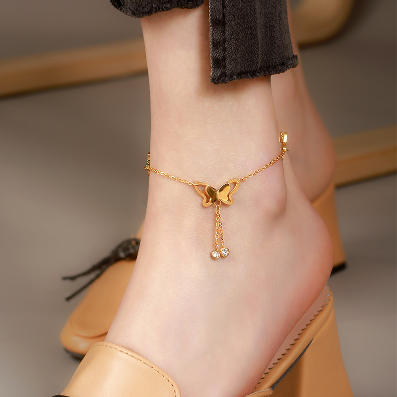 6607 Gold Zircon Butterfly Tassel Anklet