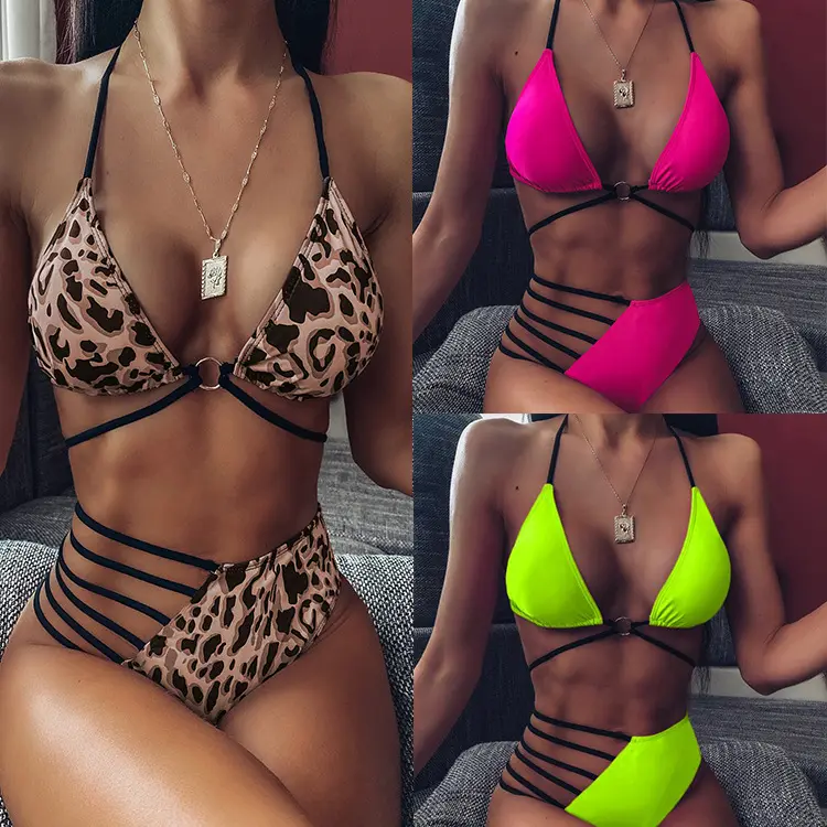 Bikini de leopardo con cuello Halter para mujer, traje de baño de estilo vendaje para playa, 2022