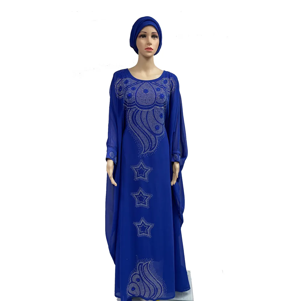 MC-1625 muslimisch Großhandel EID islamische Kleidung Maxikleid Afrika chiffon Stein doppelschichtige Kaftan lange Ärmel abayas mit Hijab