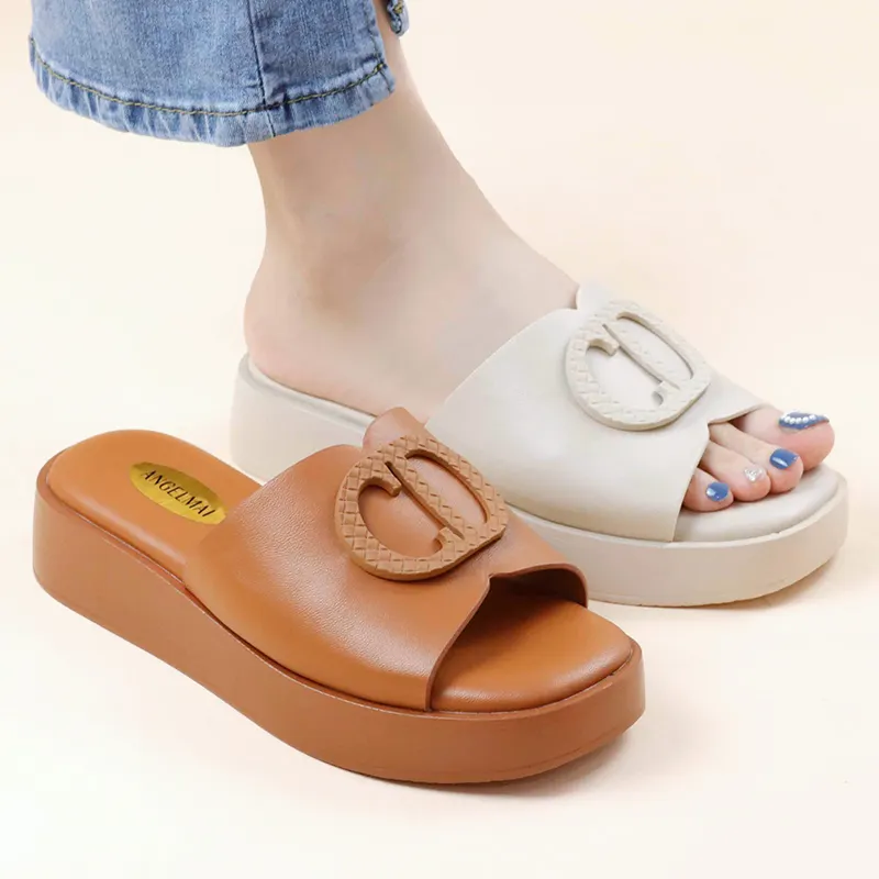Fashion outdoor PU shoe lady Summer Letter buckle wedge Heel thick Slippers Fashion Round Head chunky women platform sandals