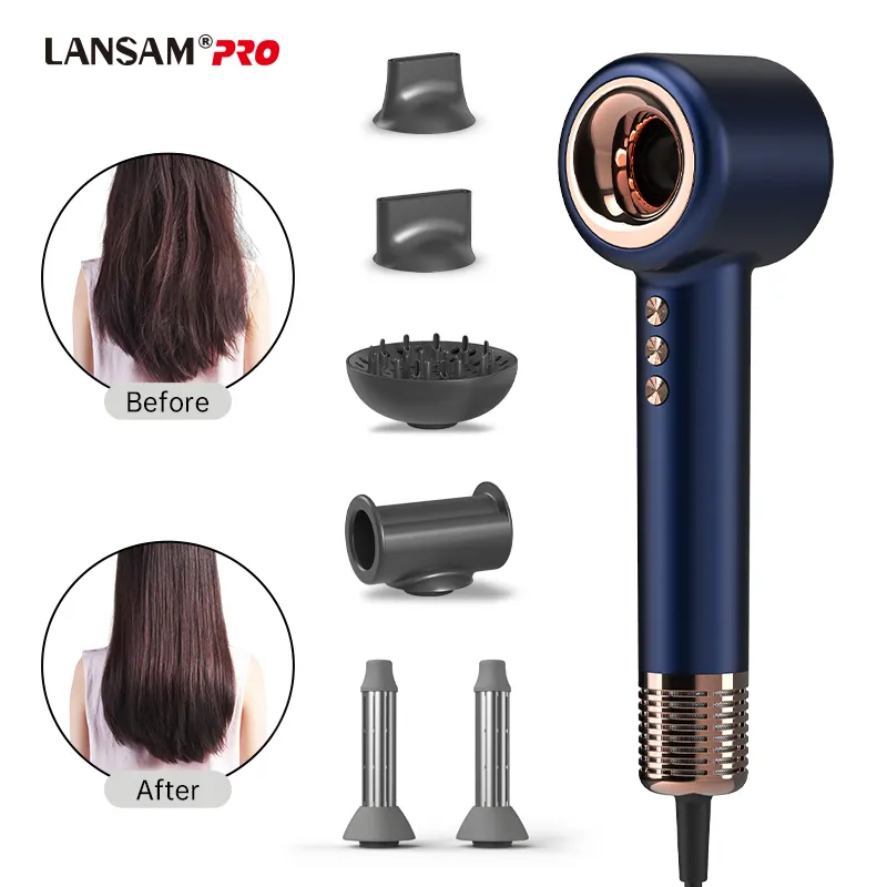 LANSAM pengering rambut profesional, pengering rambut cepat kering 1400W 6 in 1 dengan perawatan rambut Ion