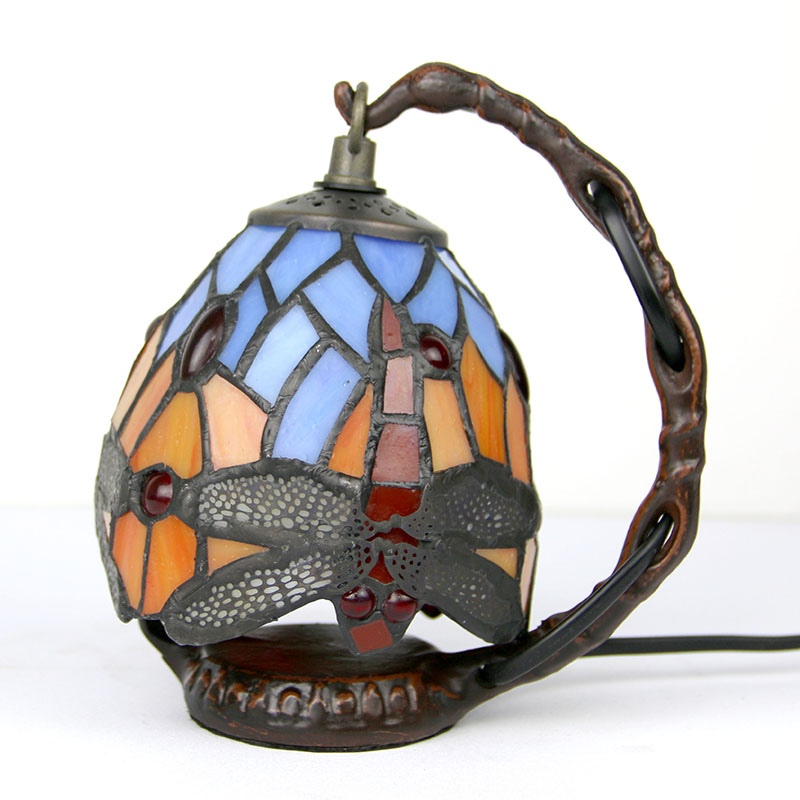 LongHuiJing Antique Tiffany Style Table Lamp  Art Bedside Light Handcrafted Desk Lamps Stained Glass Dragonfly lampshade lights