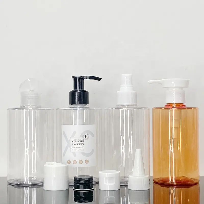 Fornitore di imballaggi liquidi di sapone vuoto bottiglia di Shampoo piatta ambra trasparente in plastica con tappo della pompa della lozione