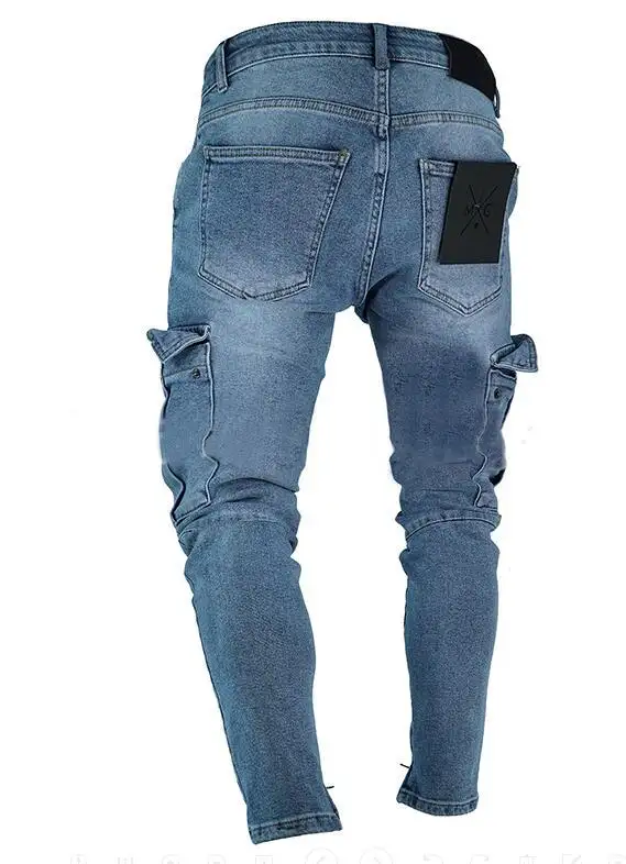 Hot selling men's jeans trend knee hole zipper small foot pants wholesale multi pocket Jeans