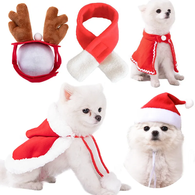 Sıcak satış Pet noel aksesuarları yeni yıl giyim yavru eşarp Santa şapka Elk kafa kırmızı pelerin Pet kedi köpek noel giysileri