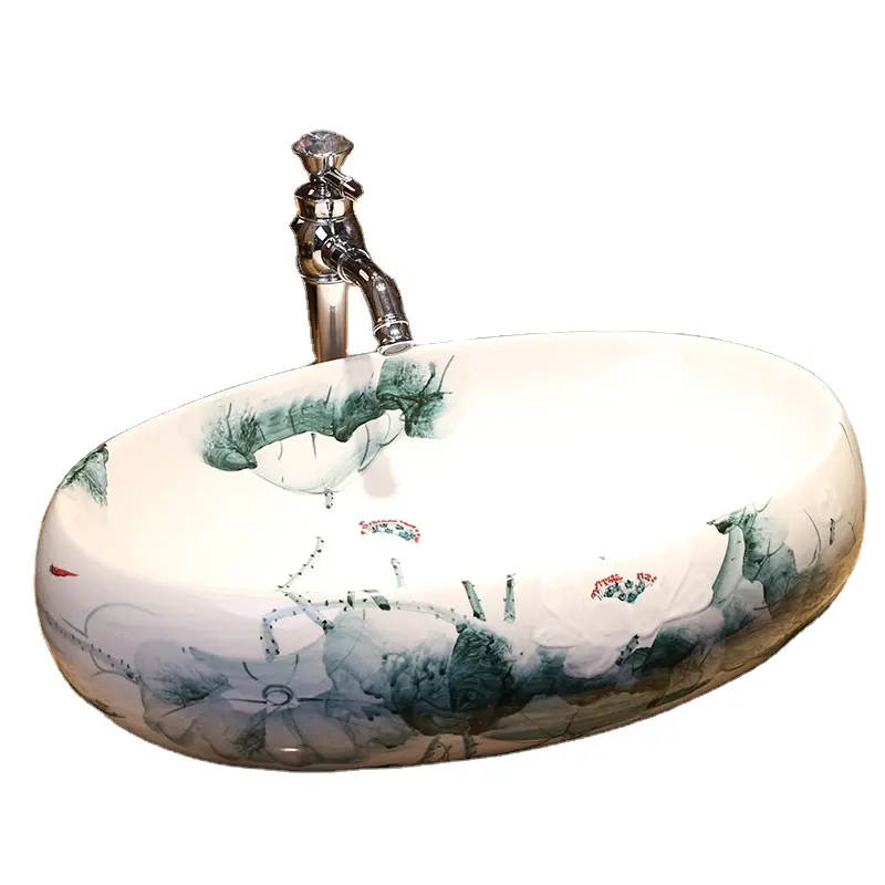 Chinês glazed arte balcão de cerâmica banheiro porcelana azul e branco oval lotus padrão bacia cerâmica lavatório