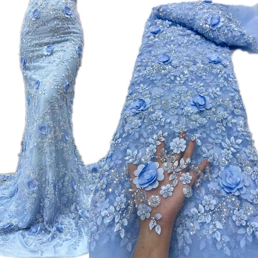 Lentejuelas con cuentas africanas de alta calidad azul cielo, tela de encaje bordado con flores 3D, tela de encaje con cuentas de tul francés para vestido de novia