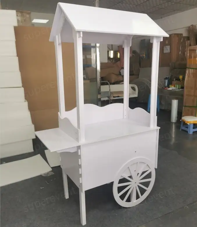 Fournitures de mariage à prix réduit Chariot à bonbons en PVC blanc personnalisé pour décoration de fête Chariot à bar à desserts avec roues pour fêtes